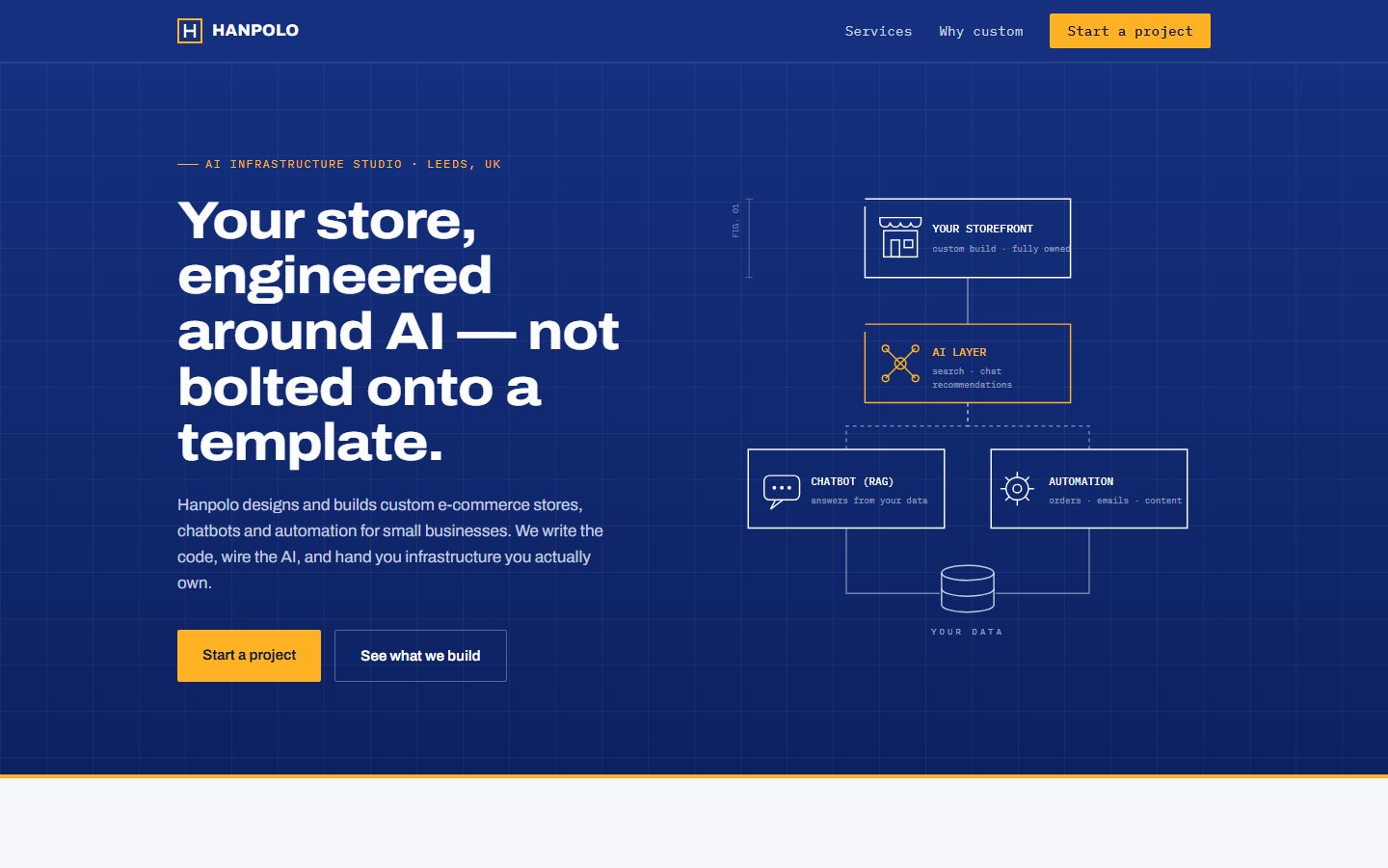 Hanpolo homepage hero with architecture diagram