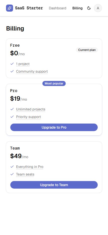 SaaS Starter billing page on mobile